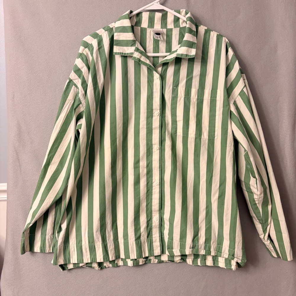Hanna Andersson Pajama Set Green White Striped Cotton Button Down Top Shorts L - Picture 2 of 16